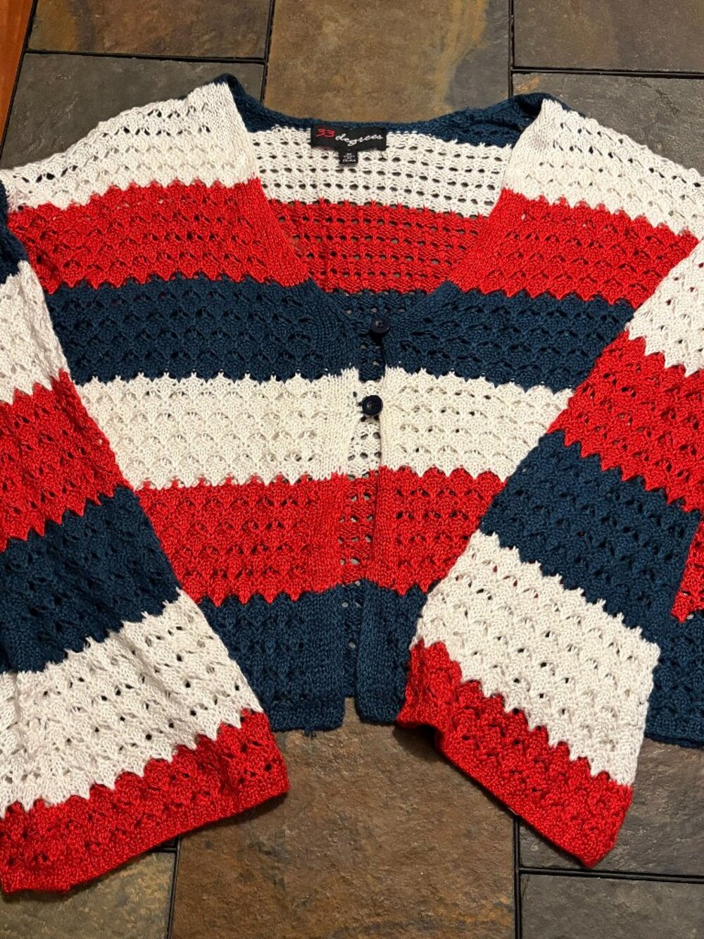 33 Degrees Americana crochet cardigan red white blue striped open knit size M